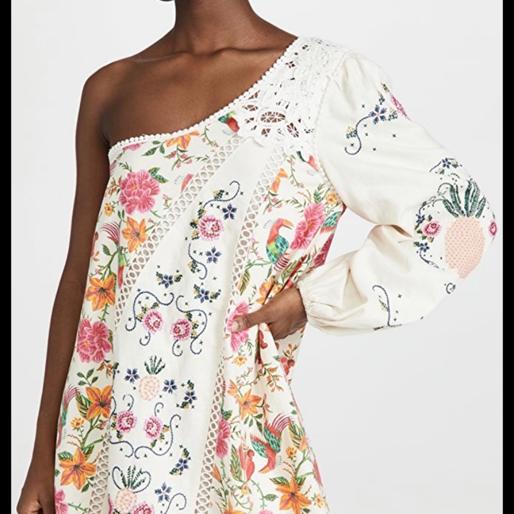 Farm Rio Toucan’s Garden one shoulder embroidered dress